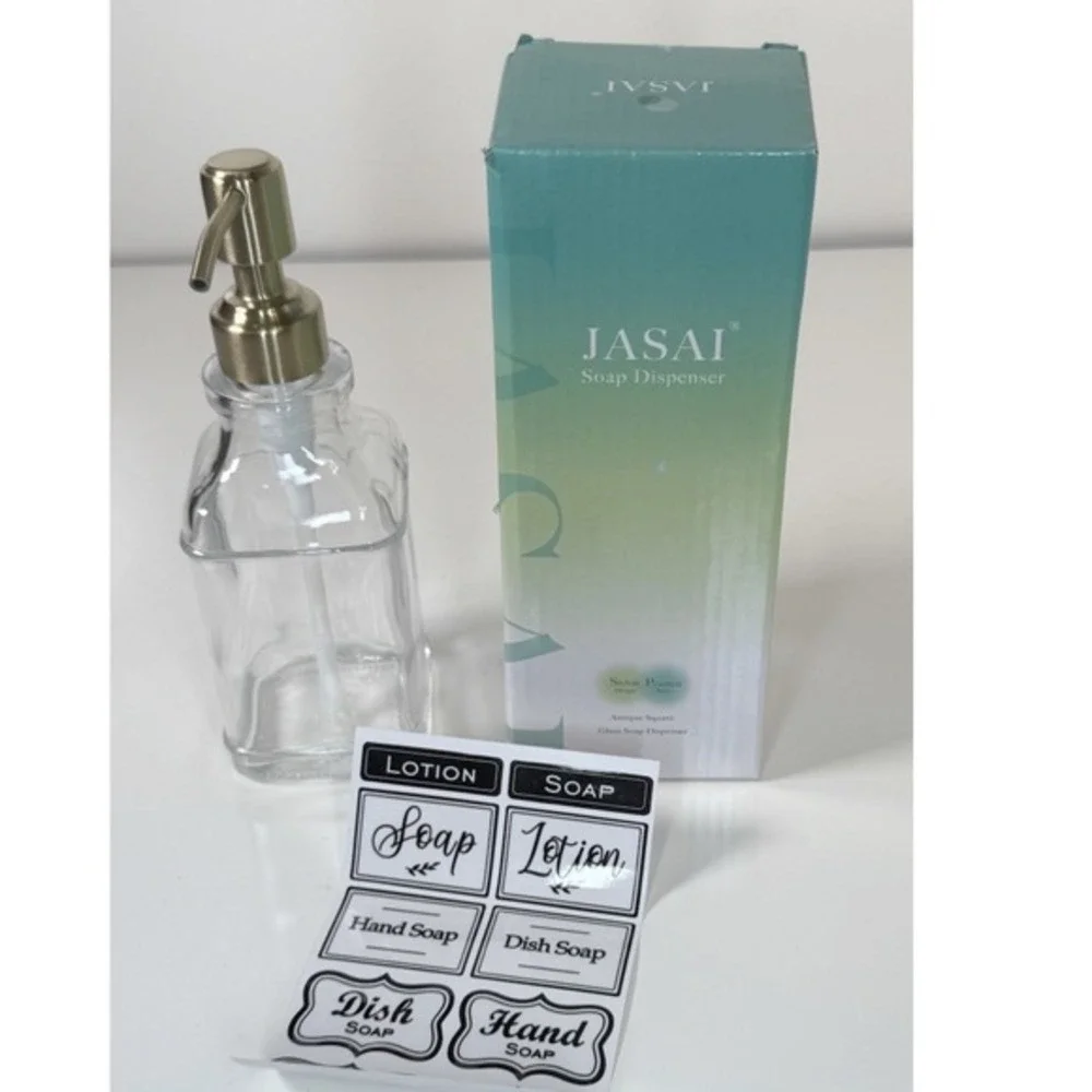 JASAI Antique Square‎ Glass Soap Dispenser 12oz Clear Stainless Steel Pump 81-10